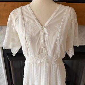 White Lace V-Neck Smocked Waist Women's Dress